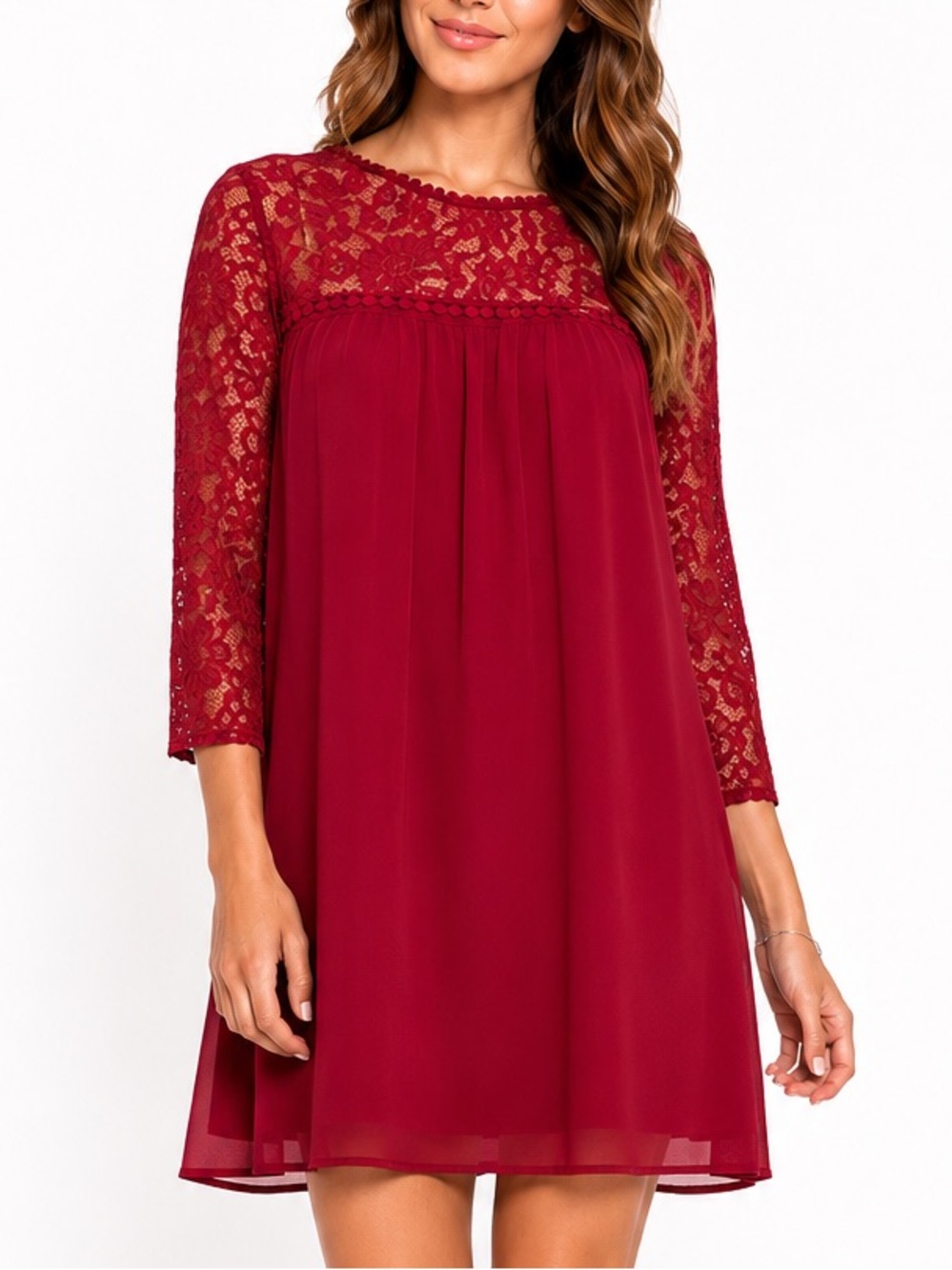 Red Lace Shift Dress Small 3/4 Sleeve Lined Stretch Holiday Cocktail